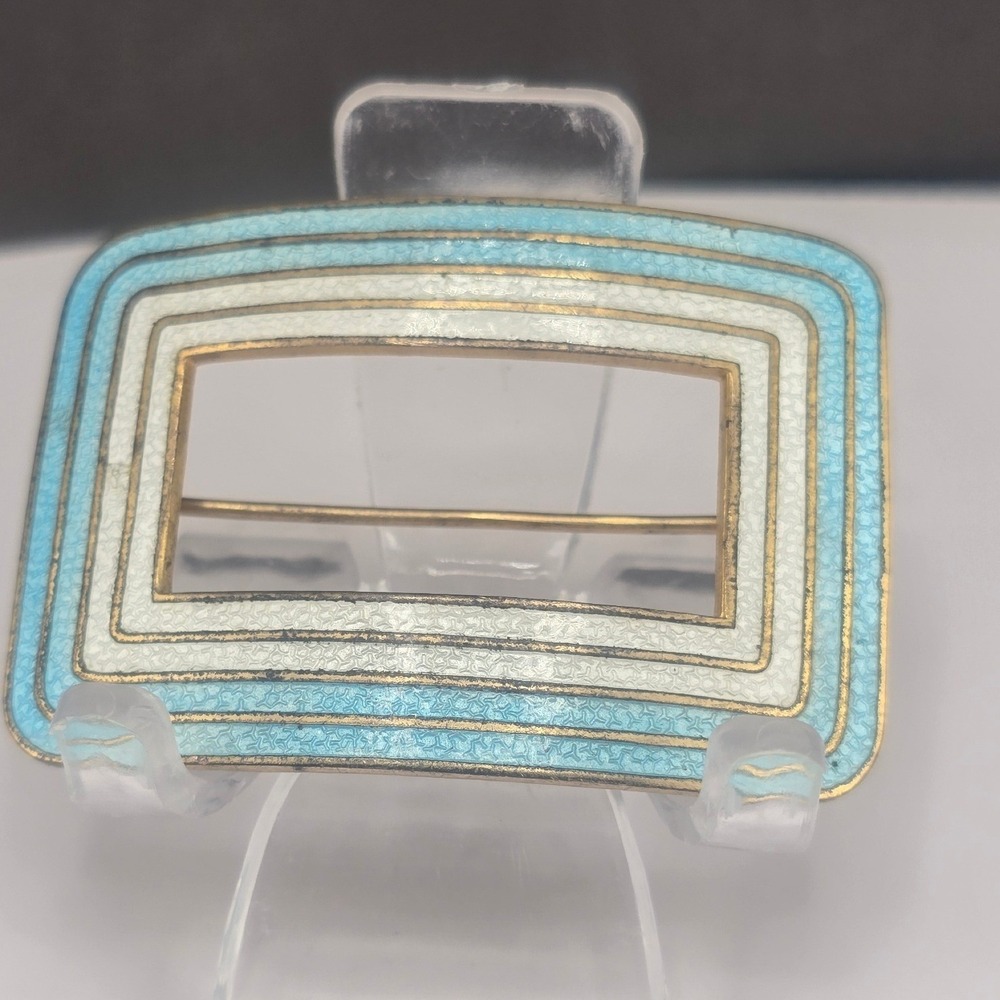 Vintage Cloisonne Estate Brooch Sash Blue White Enamel Geometric Rectangle